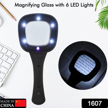 Wukusy handheld magnifying glass with 6 LED lights, ideal for seniors reading, soldering, inspecting coins, jewelry, and exploring.