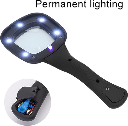 Wukusy 1607 handheld magnifying glass with 6 LED lights, ideal for seniors reading, inspecting coins, jewelry, and small objects.