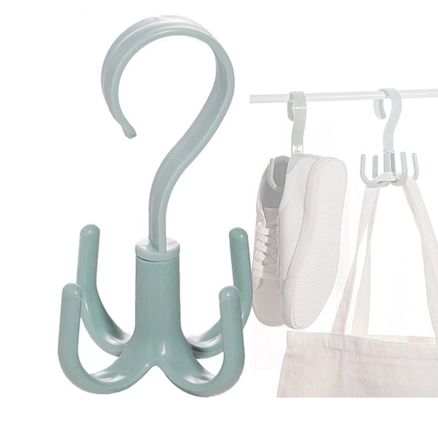 Wukusy 1714 4-claw multi-function purse rack with 360-degree rotatable hook for hanging handbags in home or office.
