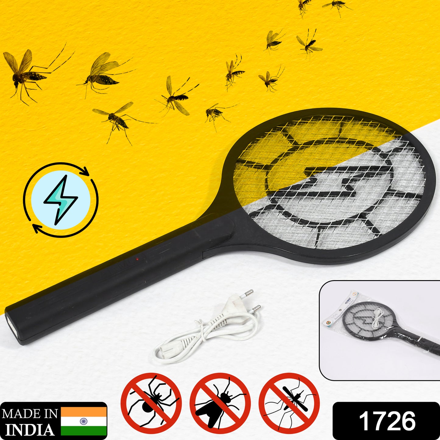 Wukusy rechargeable handheld electric mosquito killer racket with a plastic handle and metal grid for insect elimination.
