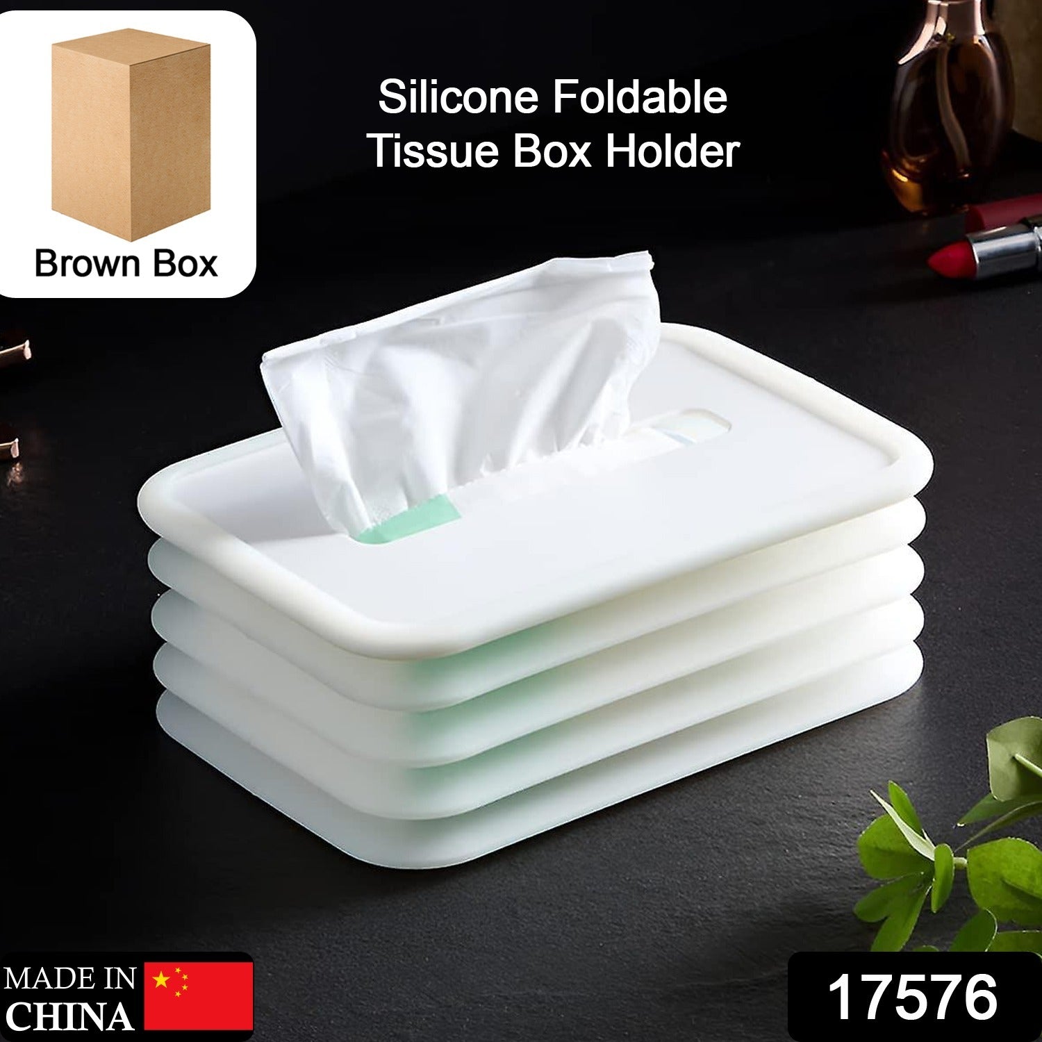 Wukusy silicone tissue holder in cube shape for bathroom, office, car, or bedroom; keeps tissues organized and accessible.