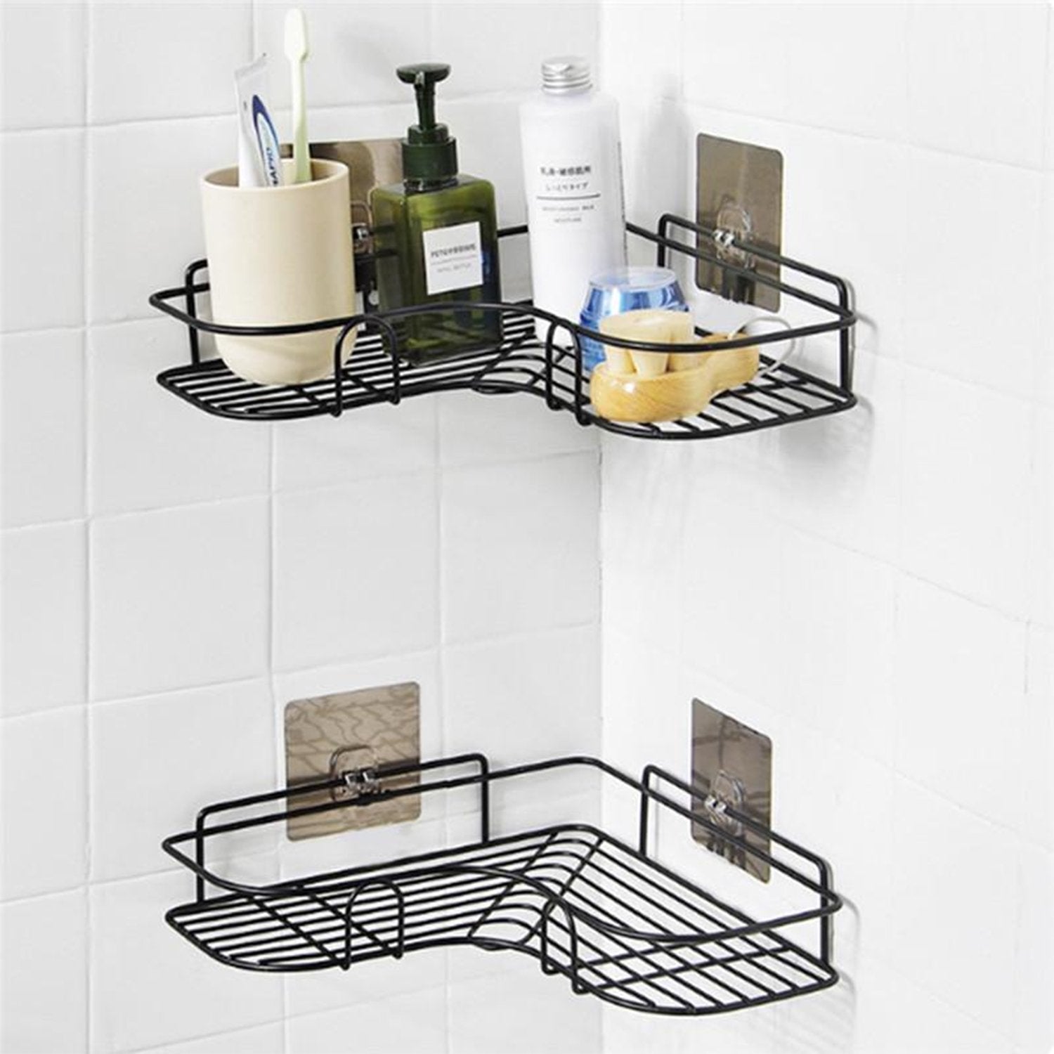 Wukusy 1759 self-adhesive kitchen and bathroom corner shelf organizer with multiple storage compartments.
