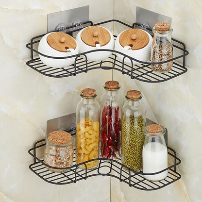 Wukusy 1759 self-adhesive corner shelf organizer for kitchen and bathroom storage, mounted on a wall for space-saving organization.