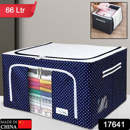 Wukusy foldable steel frame clothes storage organizer with handles, large 66-liter bag for bedding, blankets, sarees, and toys.
