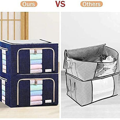 Wukusy foldable steel frame fabric storage box with handles, holding bedding, blankets, or toys, 66-liter capacity for home organization.
