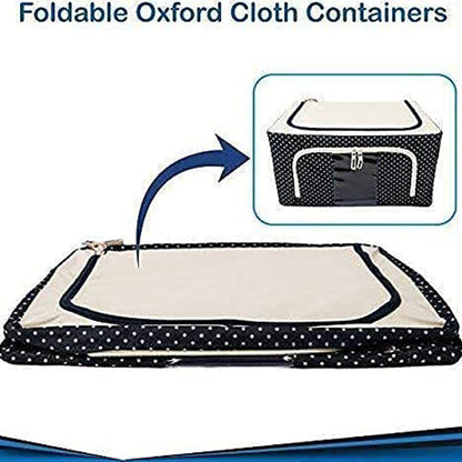 Wukusy foldable steel frame cloth storage box with handle, 66-liter capacity for bedding, blankets, toys, and clothing organization.