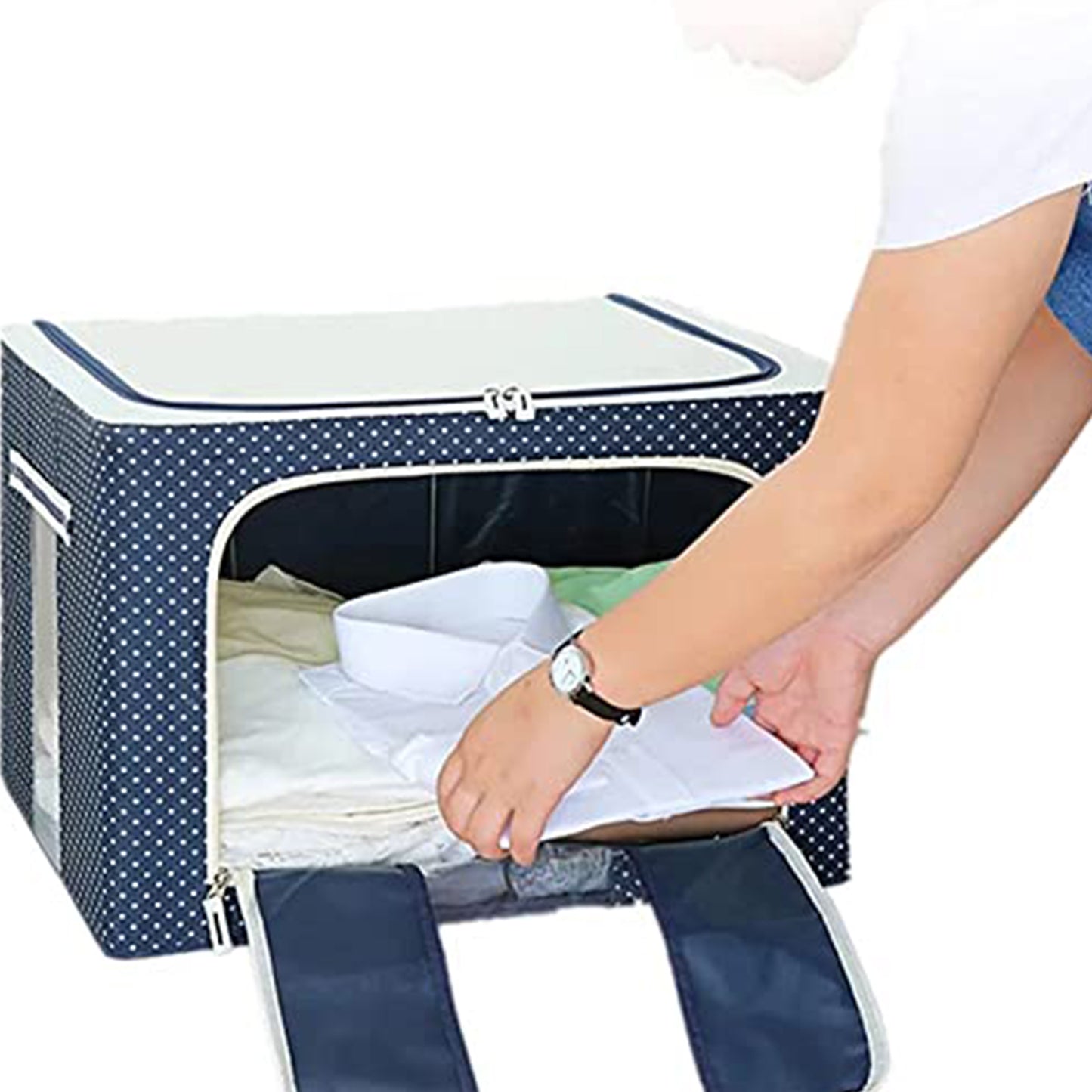 Wukusy foldable steel frame cloth storage box with handle, suitable for bedding, blankets, sarees, toys, and large items, 66-liter capacity.