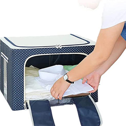 Wukusy foldable steel frame cloth storage box with handle, suitable for bedding, blankets, sarees, toys, and large items, 66-liter capacity.