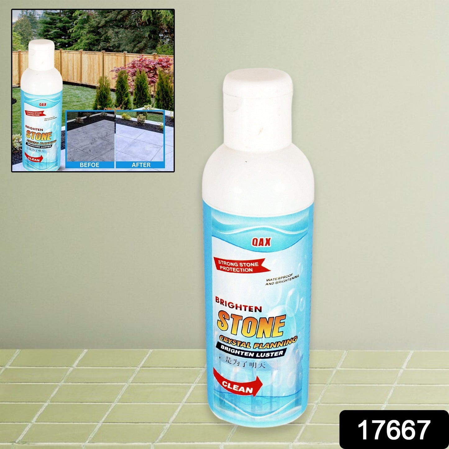 Wukusy Stone Stain Remover and Cleaner for marble, with crystal plating, suitable for kitchen, patio, and backyard surfaces.