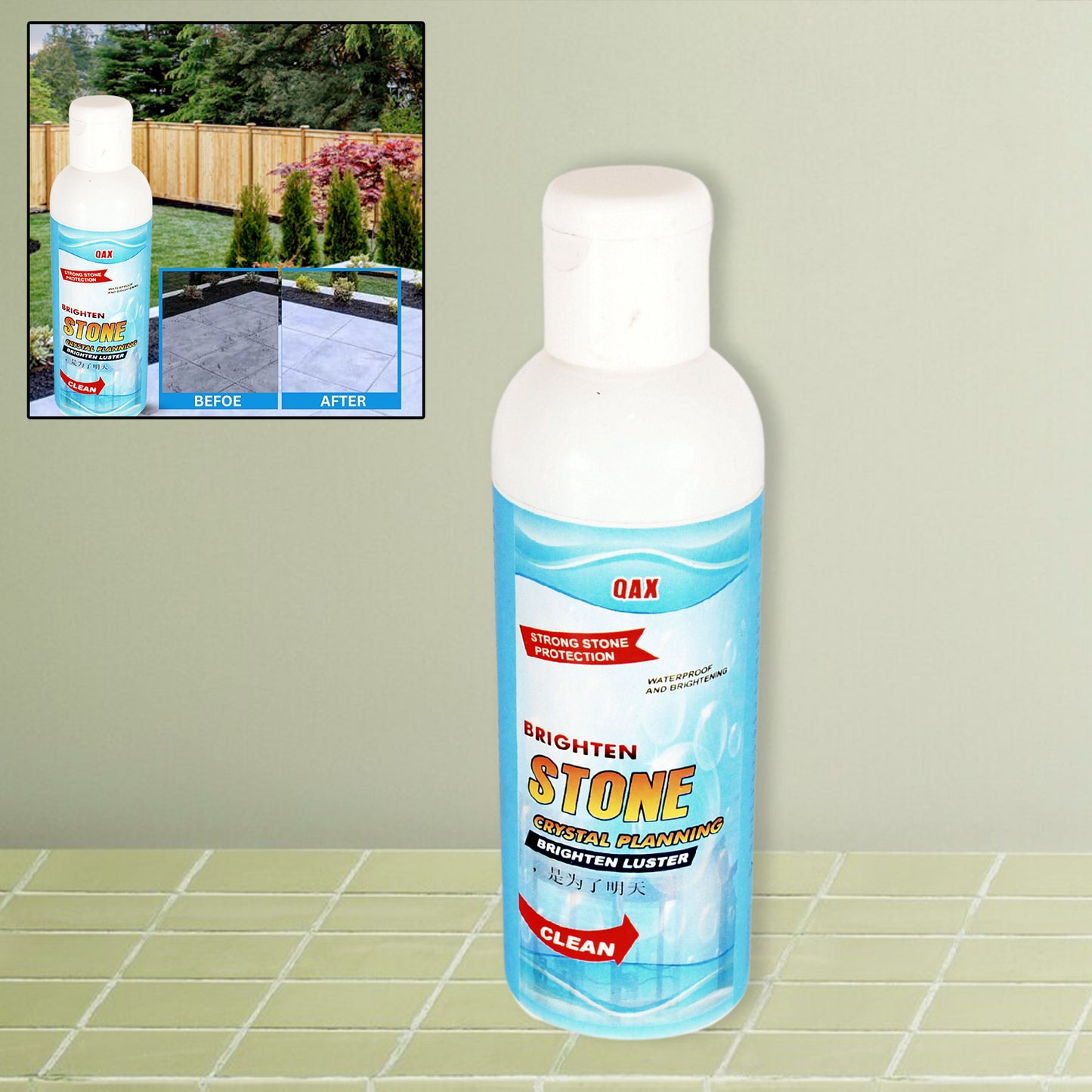 Wukusy stone stain remover and marble cleaner with crystal plating agent, suitable for kitchen, patio, and backyard surfaces.
