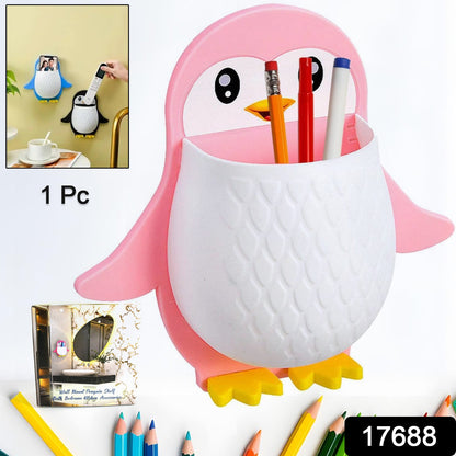 Wukusy penguin-themed storage box for remote controls, electric toothbrushes, and controllers, wall-mounted plastic holder for home use.