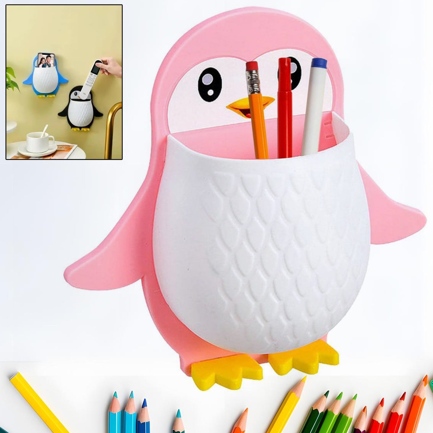 Wukusy penguin-shaped plastic storage box holding remote, electric toothbrush, and controller on wall mount in home or office.