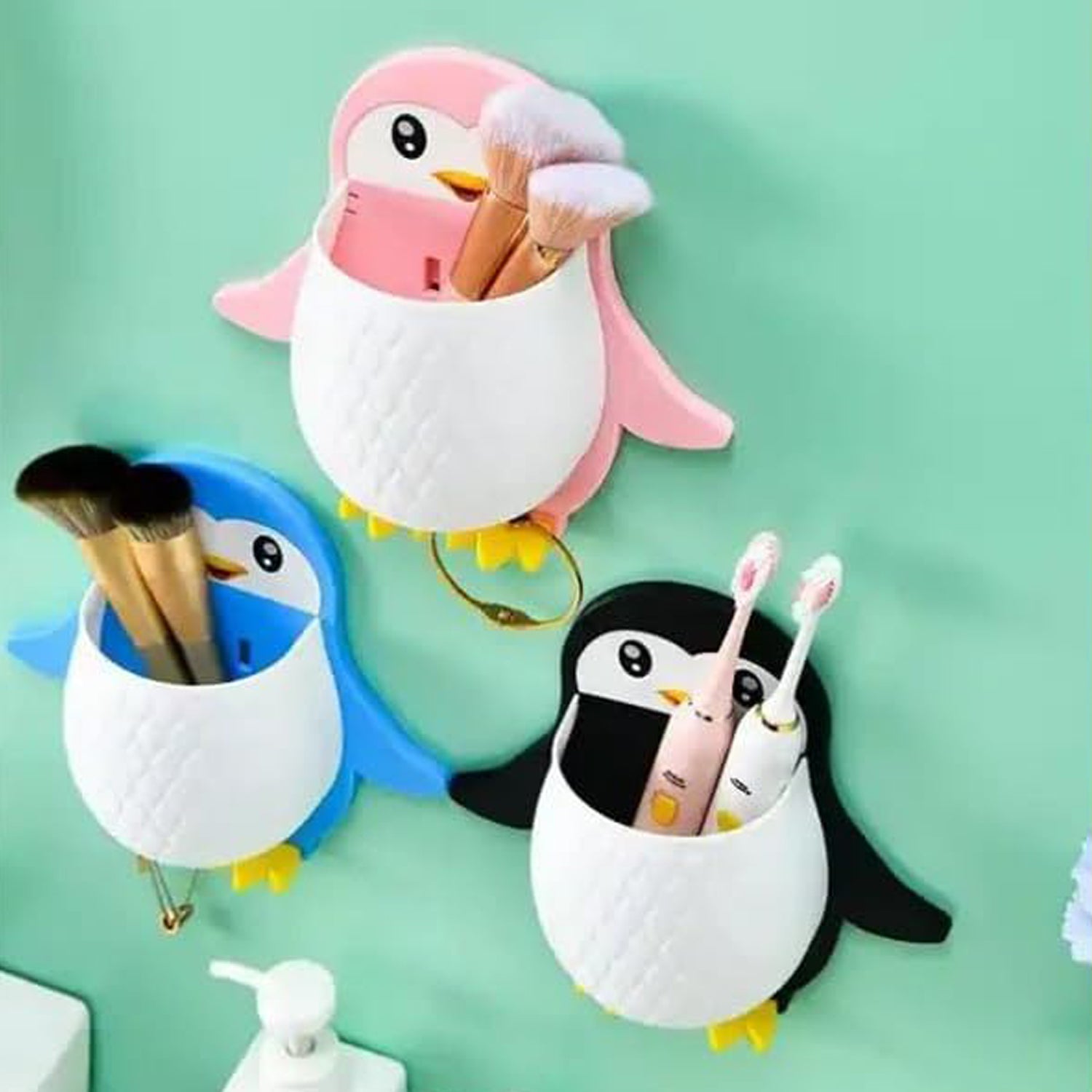 Wukusy Penguin storage box for remote, toothbrushes, or controllers, wall-mount plastic holder for home or office use.