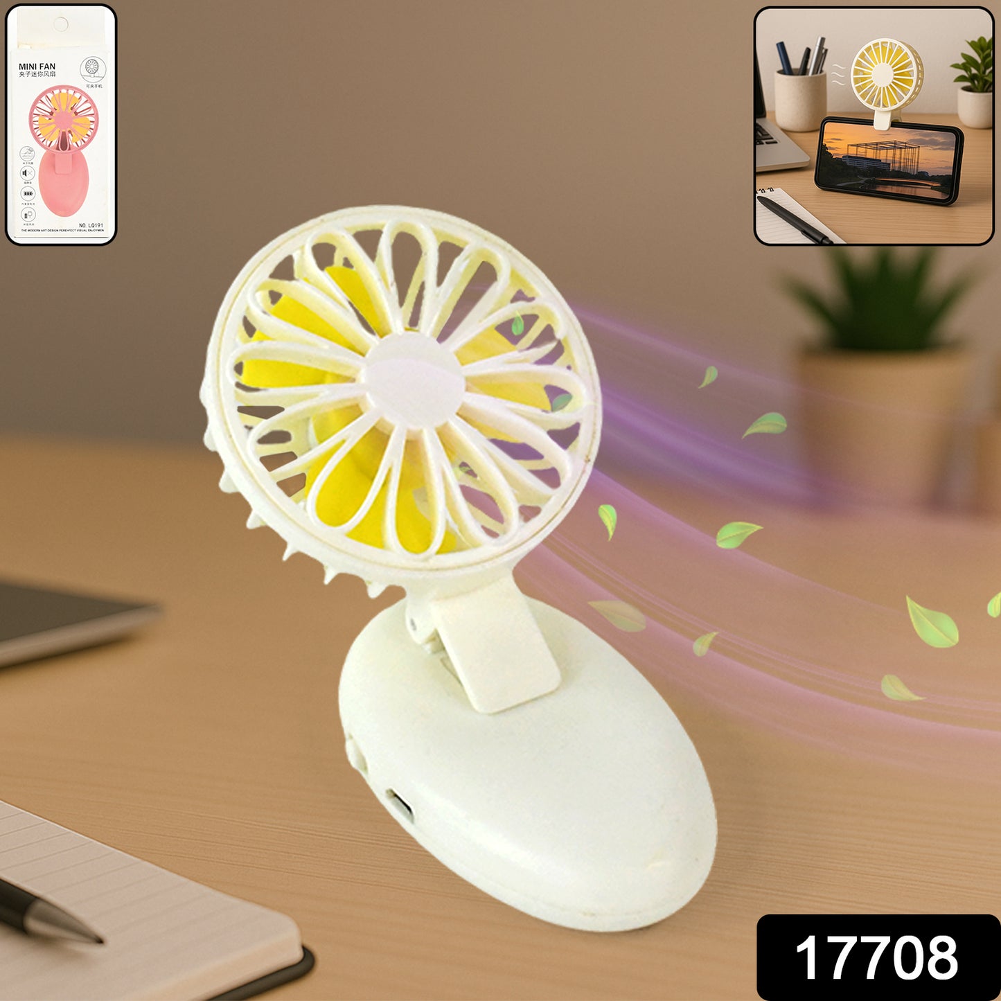 Wukusy portable rechargeable mini USB handheld fan for home, office, travel, and outdoor use, compact and lightweight.