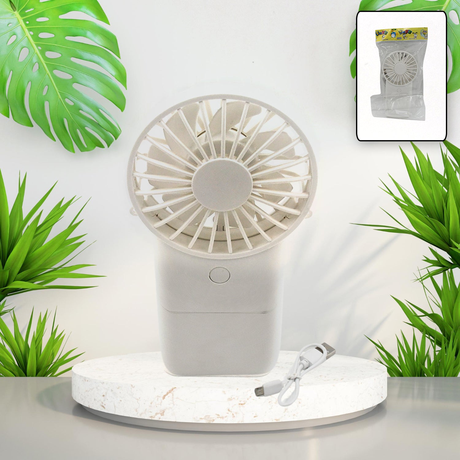 Wukusy portable handheld electric fan with three modes, USB rechargeable, compact mini fan for personal use and home improvement.