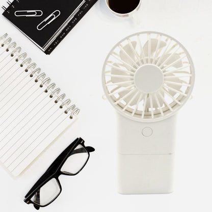 Wukusy portable handheld electric fan with three modes, compact USB rechargeable personal fan for home and student use.
