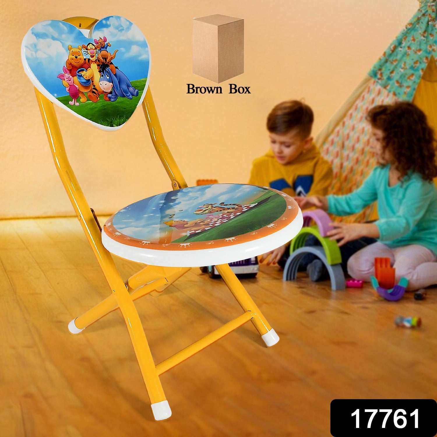 Wukusy heart-shaped cartoon printed foldable kids chair with metal and fiber body, ideal for playrooms, schools, and outdoor activities.