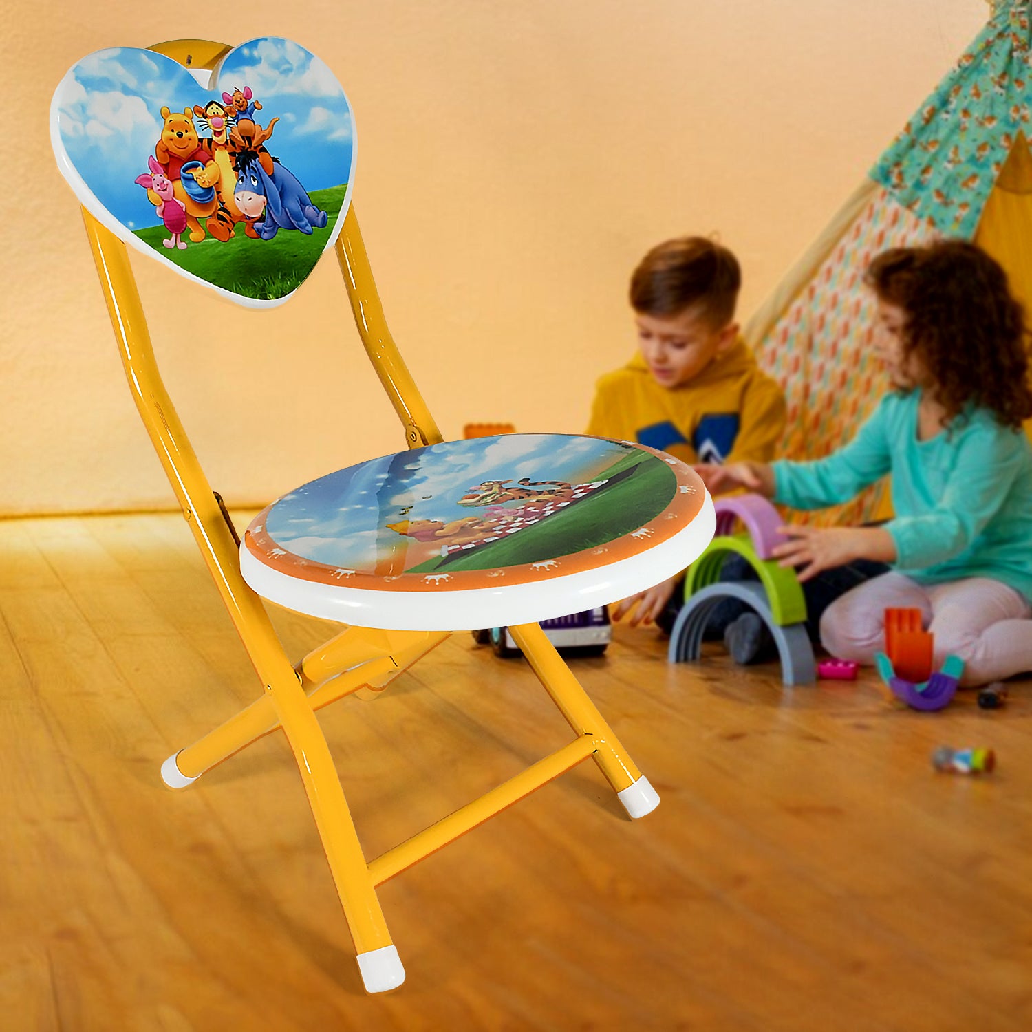 Wukusy heart-shaped cartoon printed foldable kids chair with metal and fiber body for playrooms, schools, and outdoor use