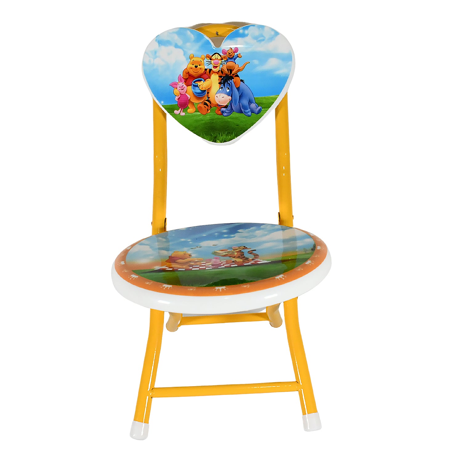 Wukusy heart-shaped kids folding chair with cartoon print, metal and fiber frame, suitable for playrooms, schools, and outdoor use.