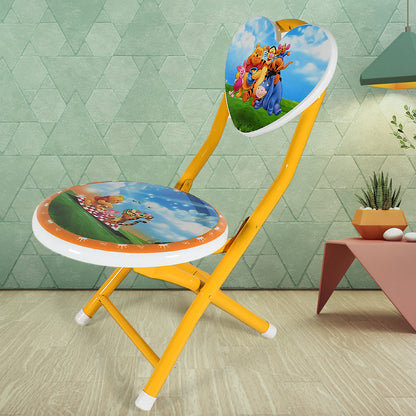 Wukusy heart-shaped kids folding chair with cartoon print, metal and fiber body, perfect for playrooms, schools, and outdoor use.
