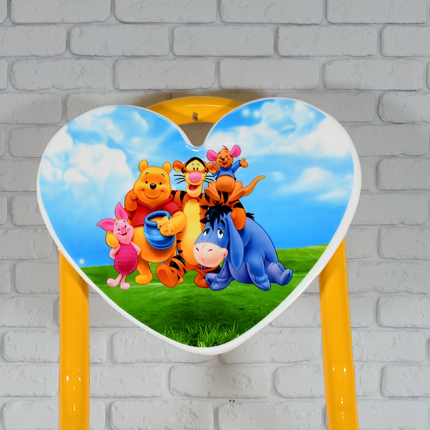 Wukusy heart-shaped cartoon printed foldable kids chair with metal and fiber body, suitable for playrooms, schools, and camping.