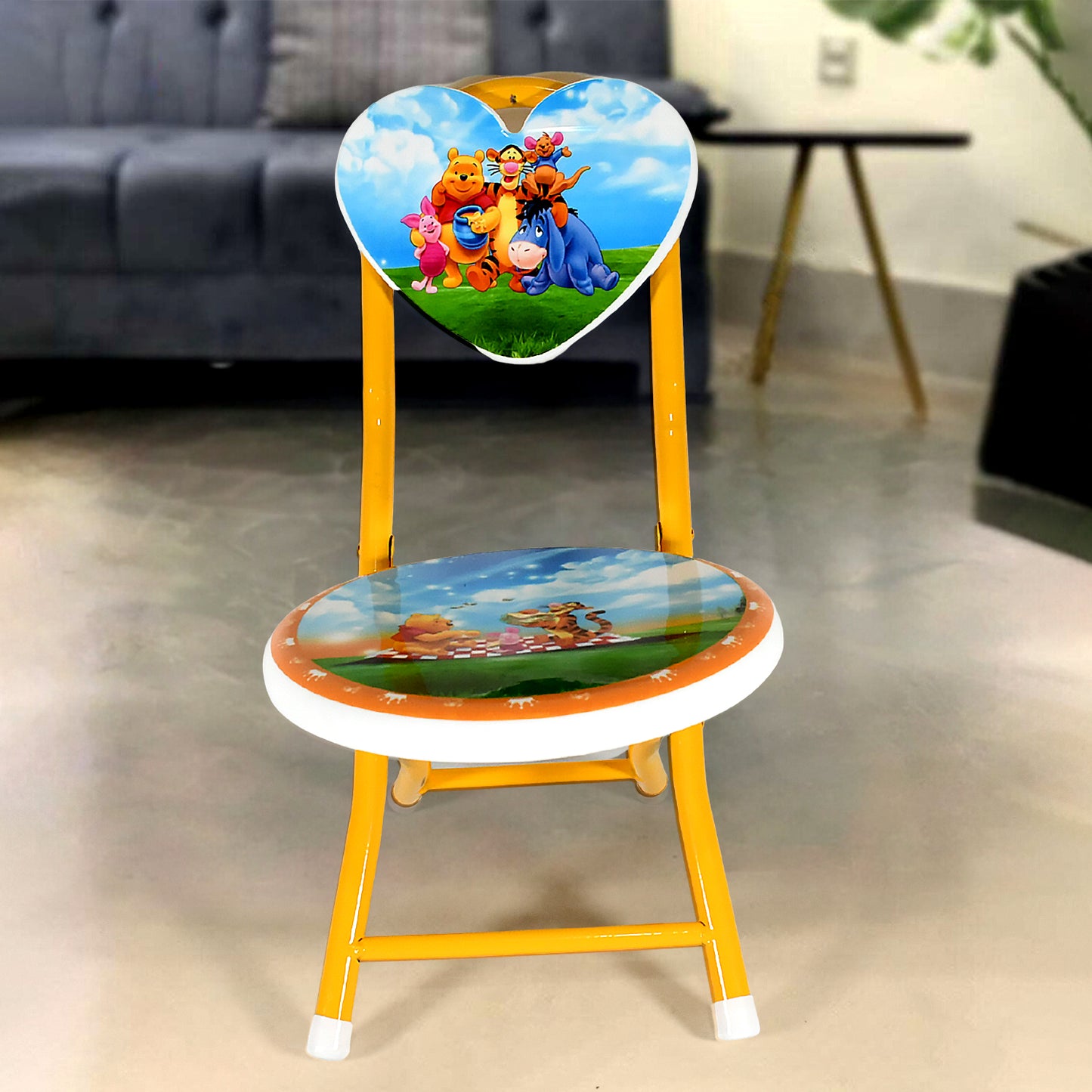 Wukusy heart-shaped kids folding chair with cartoon print, metal and fiber body, ideal for playrooms, schools, and outdoor activities.