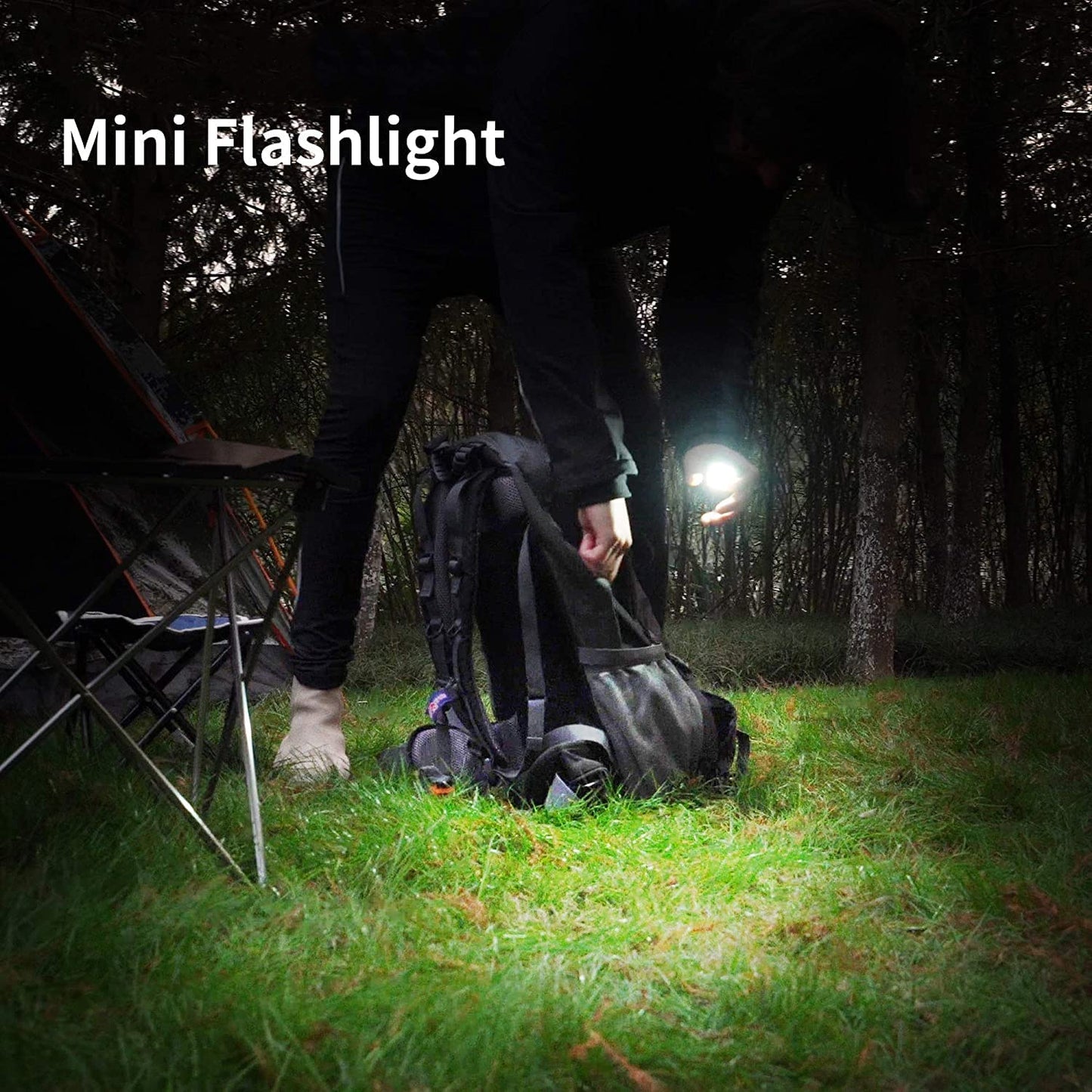 Wukusy LED battery-operated keychain flashlight with folding bracket and bottle opener, ideal for camping, hiking, and emergency use.
