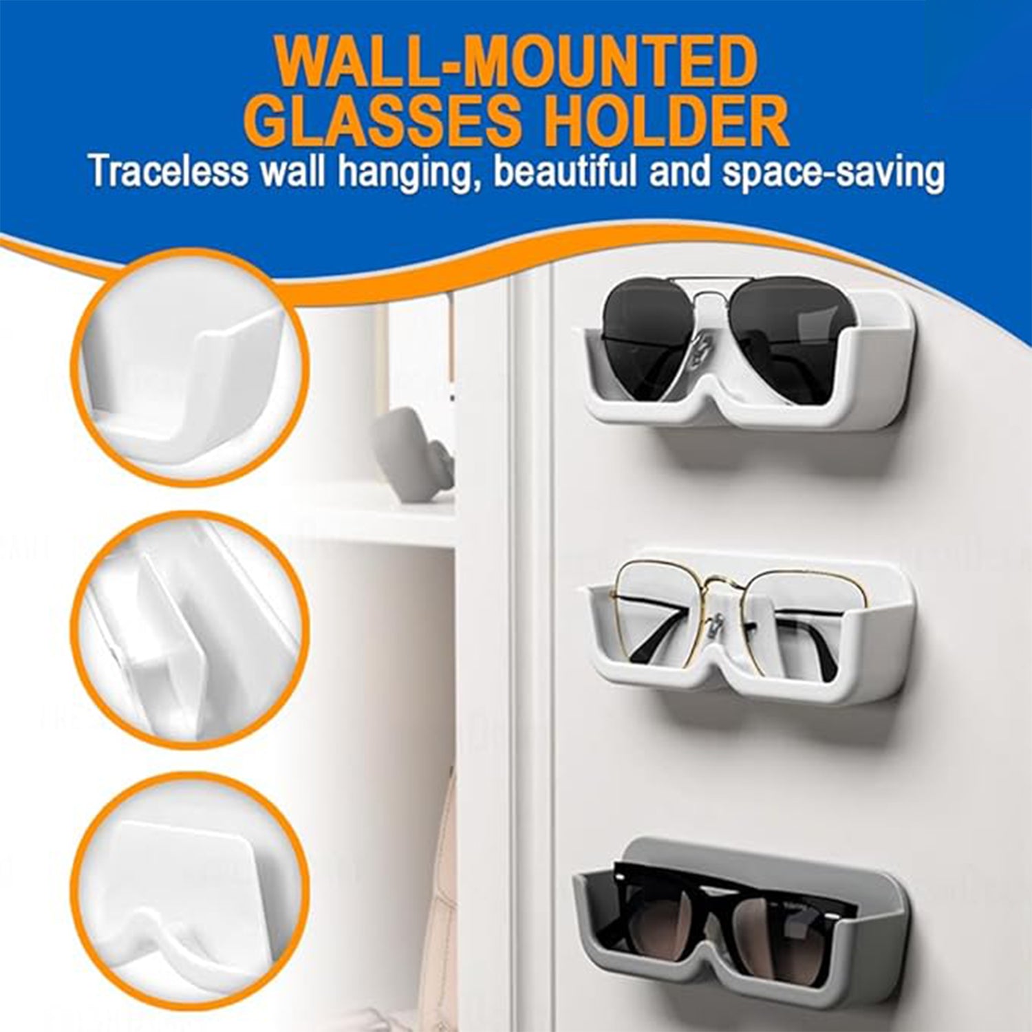 Wukusy wall mount sunglass organizer with double-sided adhesive stickers, showcasing a sleek, space-saving glasses storage box.
