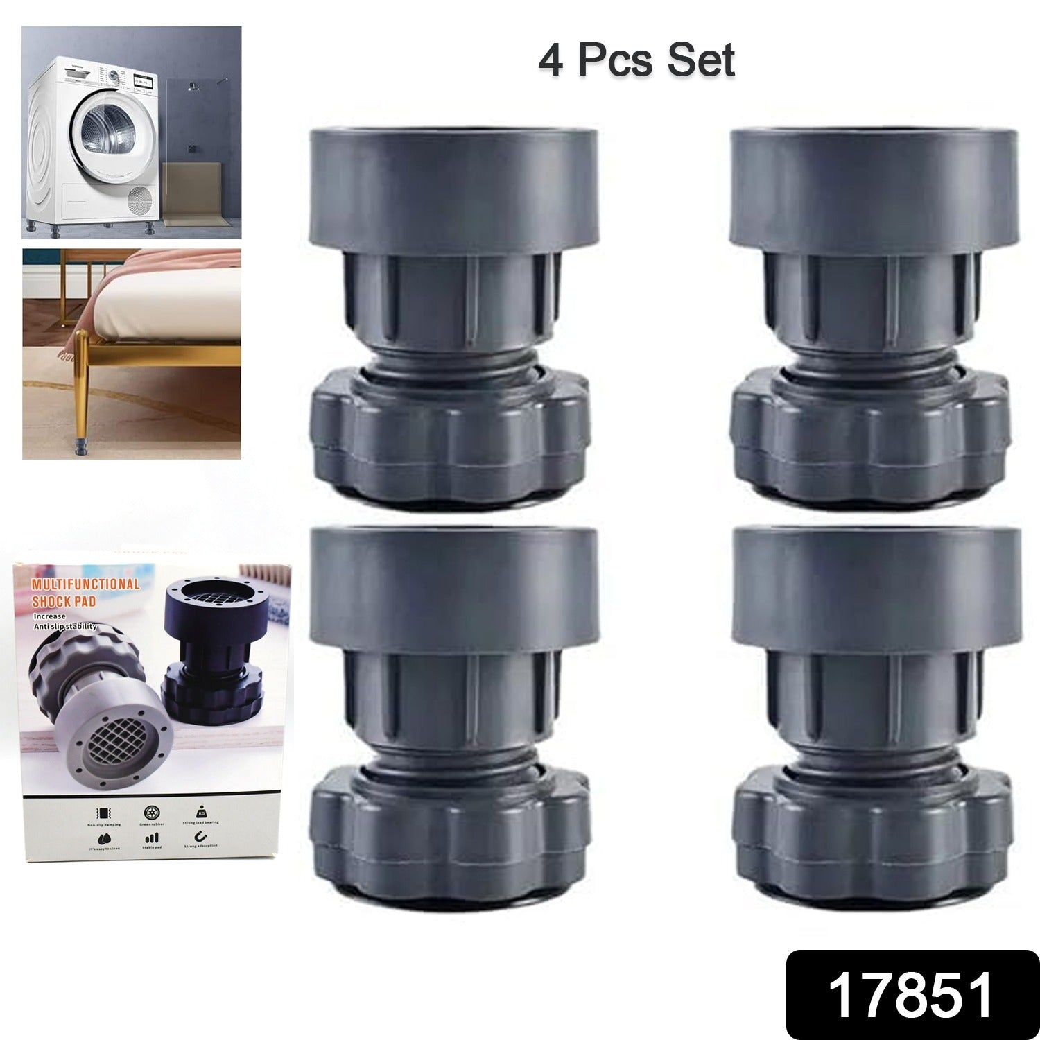 Set of four Wukusy plastic washing machine vibration pads with adjustable, non-slip, anti-vibration support for noise reduction and stability.