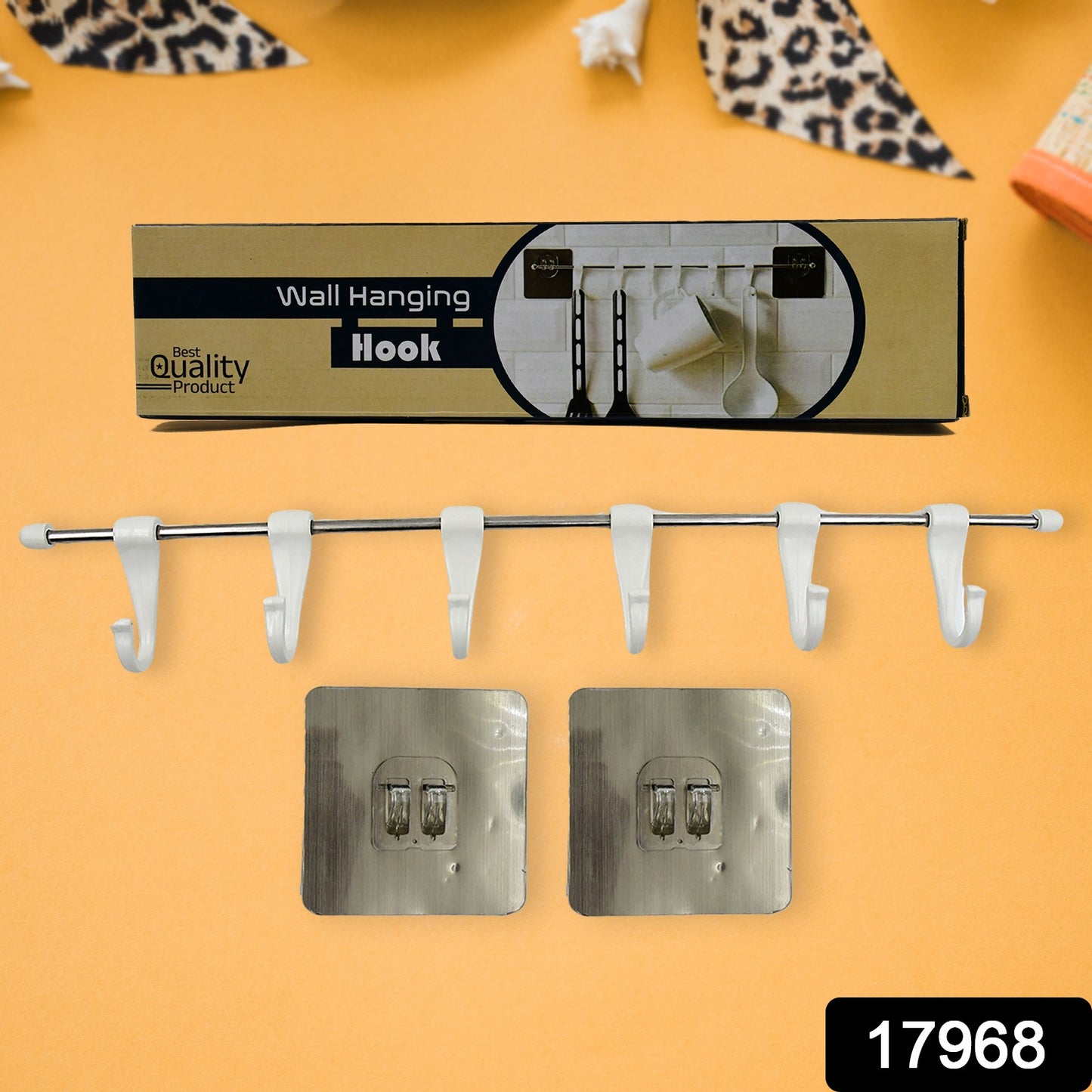 Wukusy stainless steel utensil hanger rail with 6 plastic hooks, nail-free wall mount, and 2 magic stickers for kitchen organization
