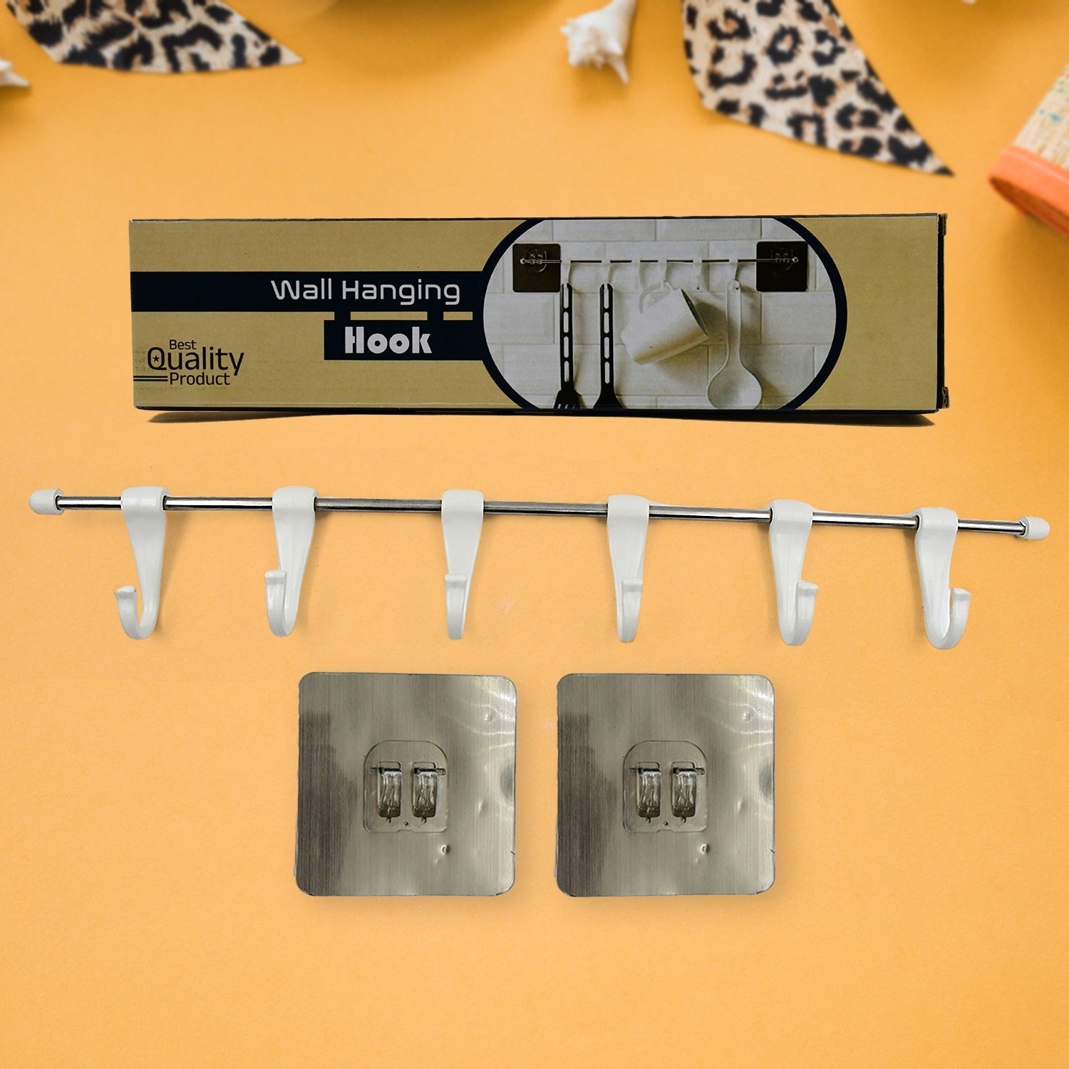 Wukusy stainless steel utensil hanger rail with 6 plastic hooks, nail-free wall mount, and 2 magic stickers for kitchen organization.