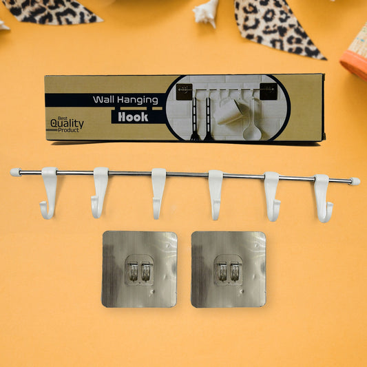 Wukusy stainless steel utensil hanger rail with 6 plastic hooks, nail-free wall mount, and 2 magic stickers for kitchen organization.