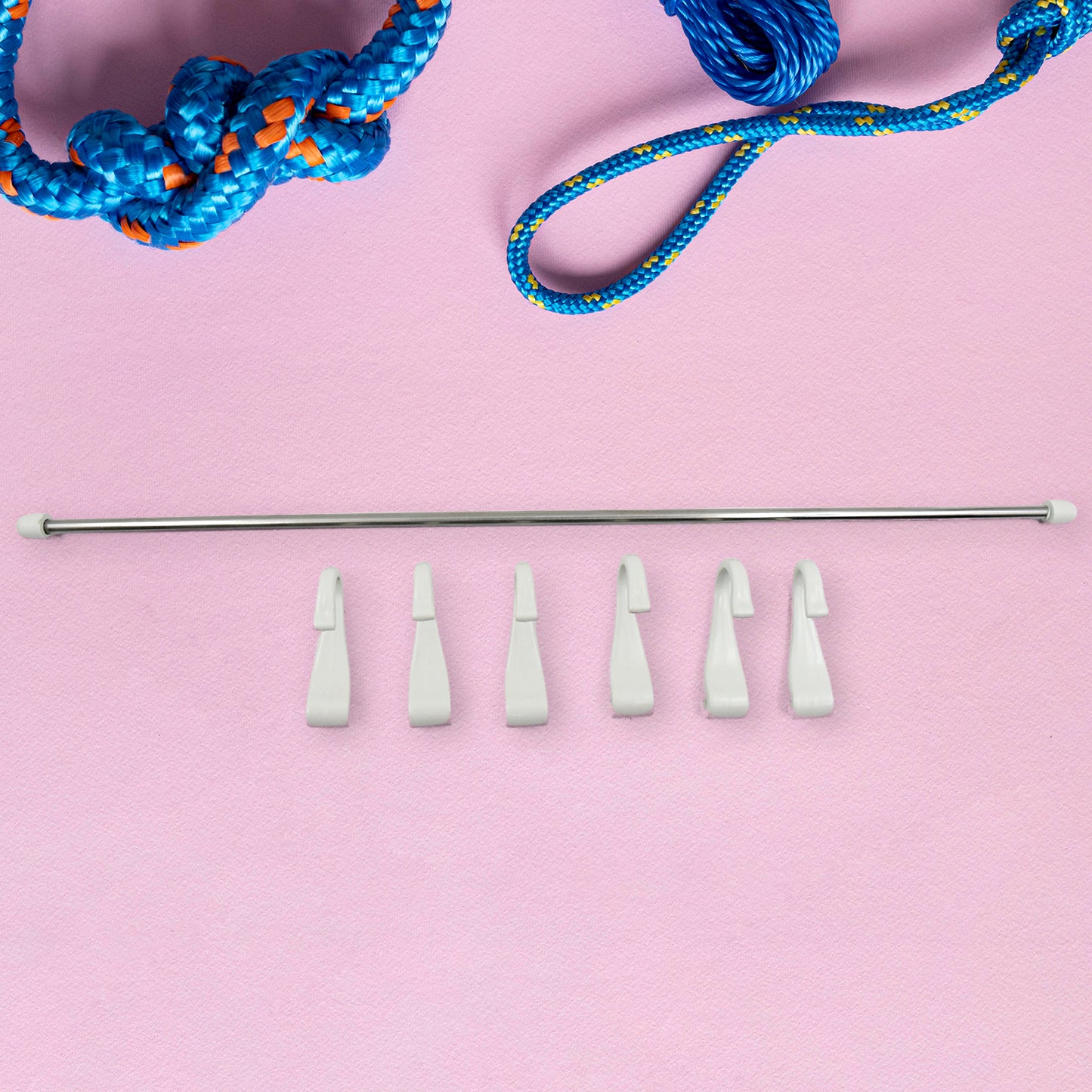 Wukusy stainless steel utensil hanger rail with 6 plastic hooks, nail-free wall mount, and magic stickers for kitchen organization.