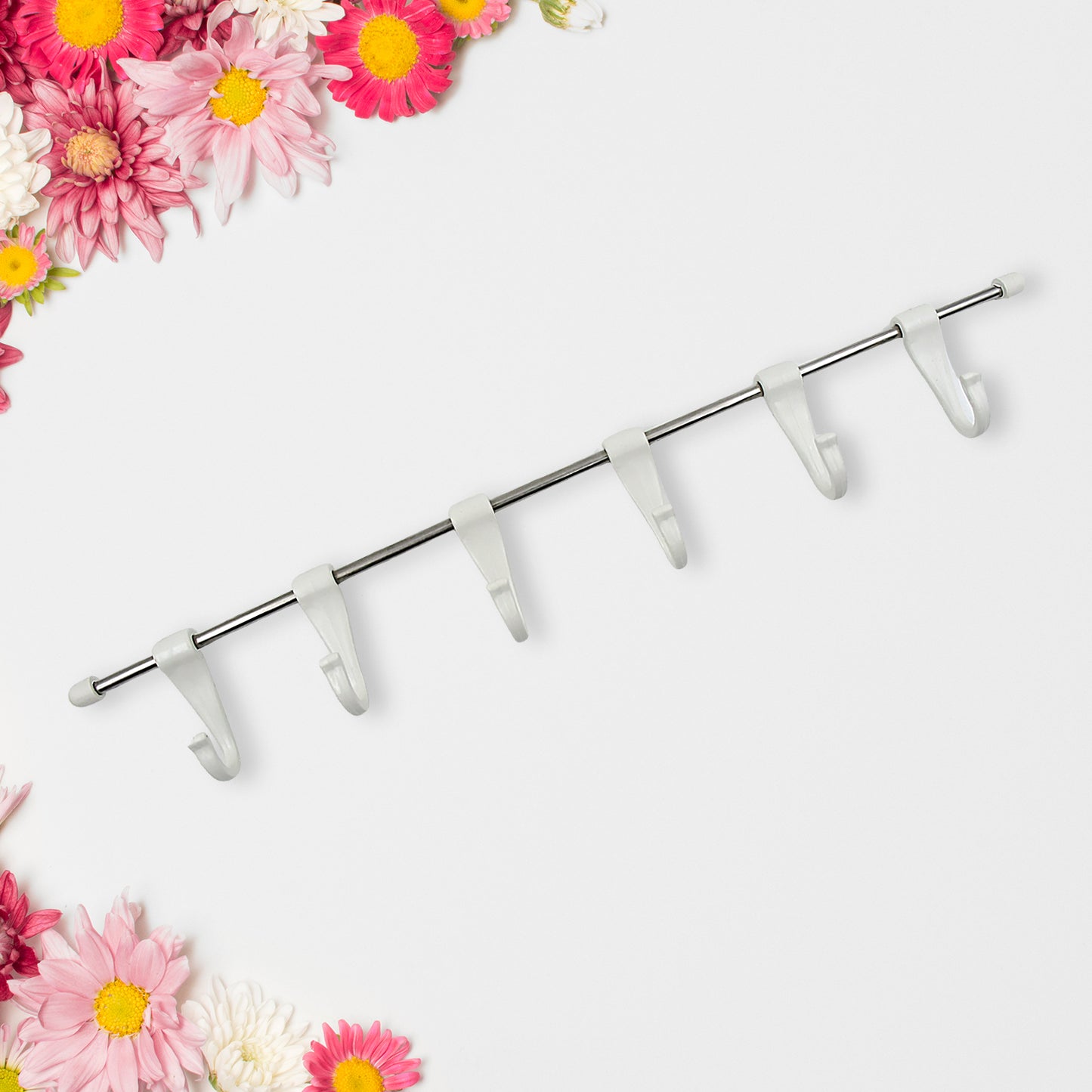 Wukusy stainless steel utensil hanger rail with 6 plastic hooks, nail-free wall mount and 2 magic stickers for kitchen organization.