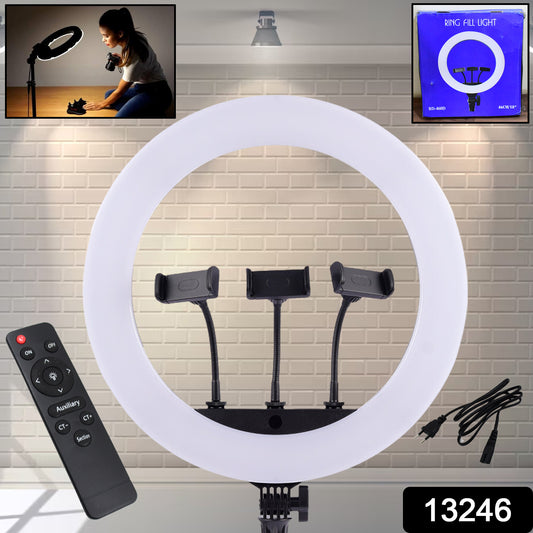 Wukusy 18-inch LED ring light with three color modes, three mobile holders, and remote control for home improvement photography.