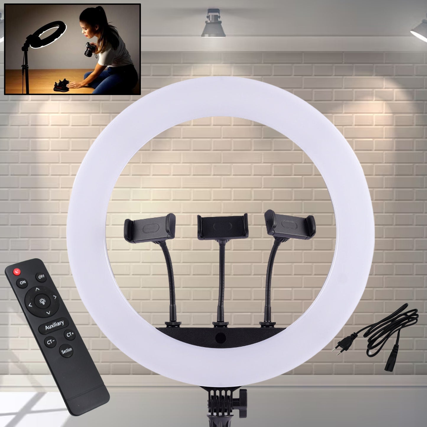 Wukusy 18-inch LED ring light with three color modes, three mobile holders, and remote control for home improvement lighting.