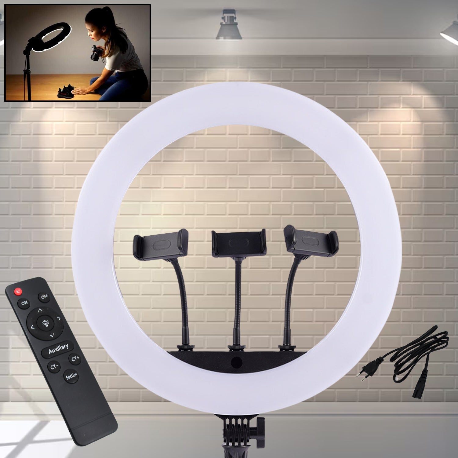 Wukusy 18-inch LED ring light with three color modes, three mobile holders, and remote control for home improvement lighting.