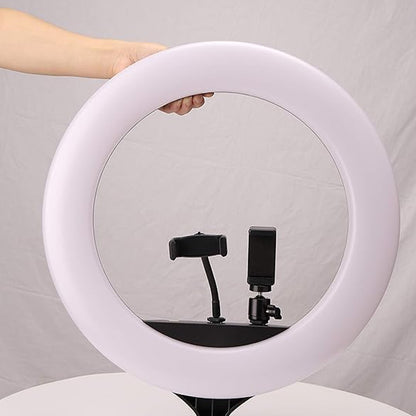 Wukusy 18-inch LED ring light with 3 color modes, 3 mobile holders, and remote control for home improvement and photography.