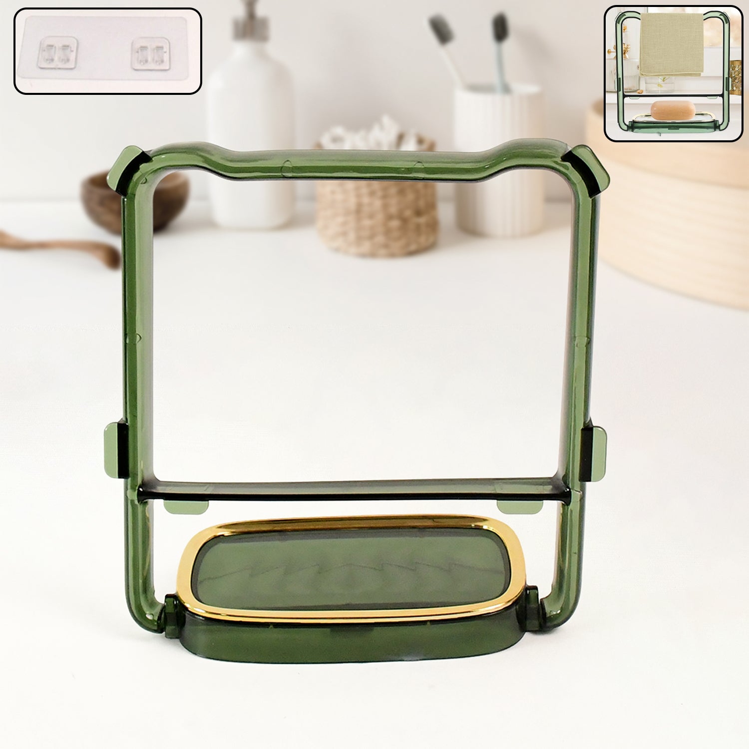Wukusy 2-in-1 self-adhesive towel hanger and soap holder stand for home improvement, shown mounted on a bathroom wall.