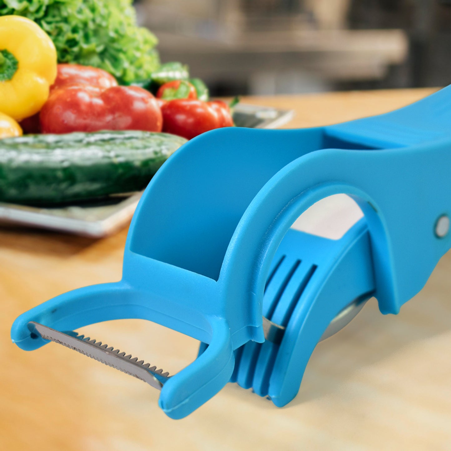 Multicolor Wukusy 2-in-1 vegetable and fruit multi cutter with 5 blades and peeler for efficient kitchen prep.