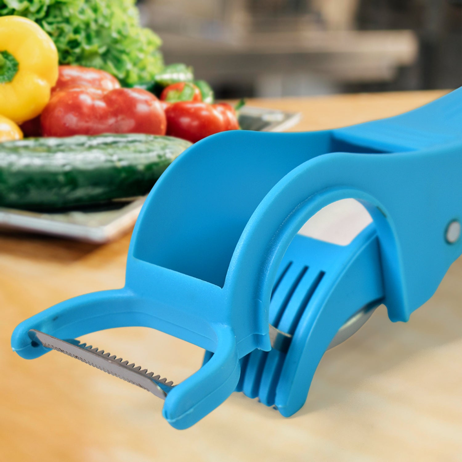 Multicolor Wukusy 2-in-1 vegetable and fruit multi cutter with 5 blades and peeler for efficient kitchen prep.