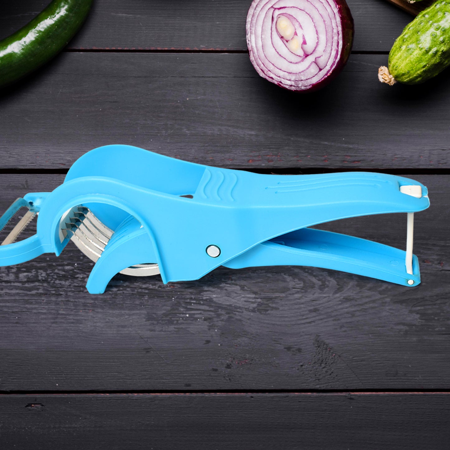 Wukusy 2-in-1 vegetable and fruit multi cutter with 5 blades and peeler, multicolor kitchen tool for efficient food prep.
