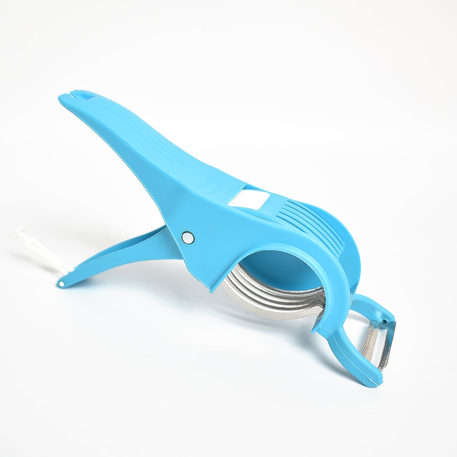 Multicolor Wukusy 2-in-1 vegetable and fruit cutter with 5 blades and peeler for efficient kitchen prep, shown with sliced produce.