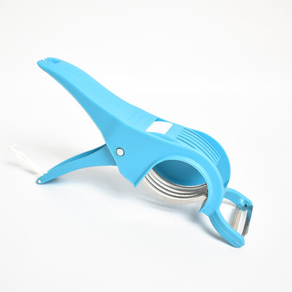 Multicolor Wukusy 2-in-1 vegetable and fruit cutter with 5 blades and peeler for efficient kitchen prep, shown with sliced produce.