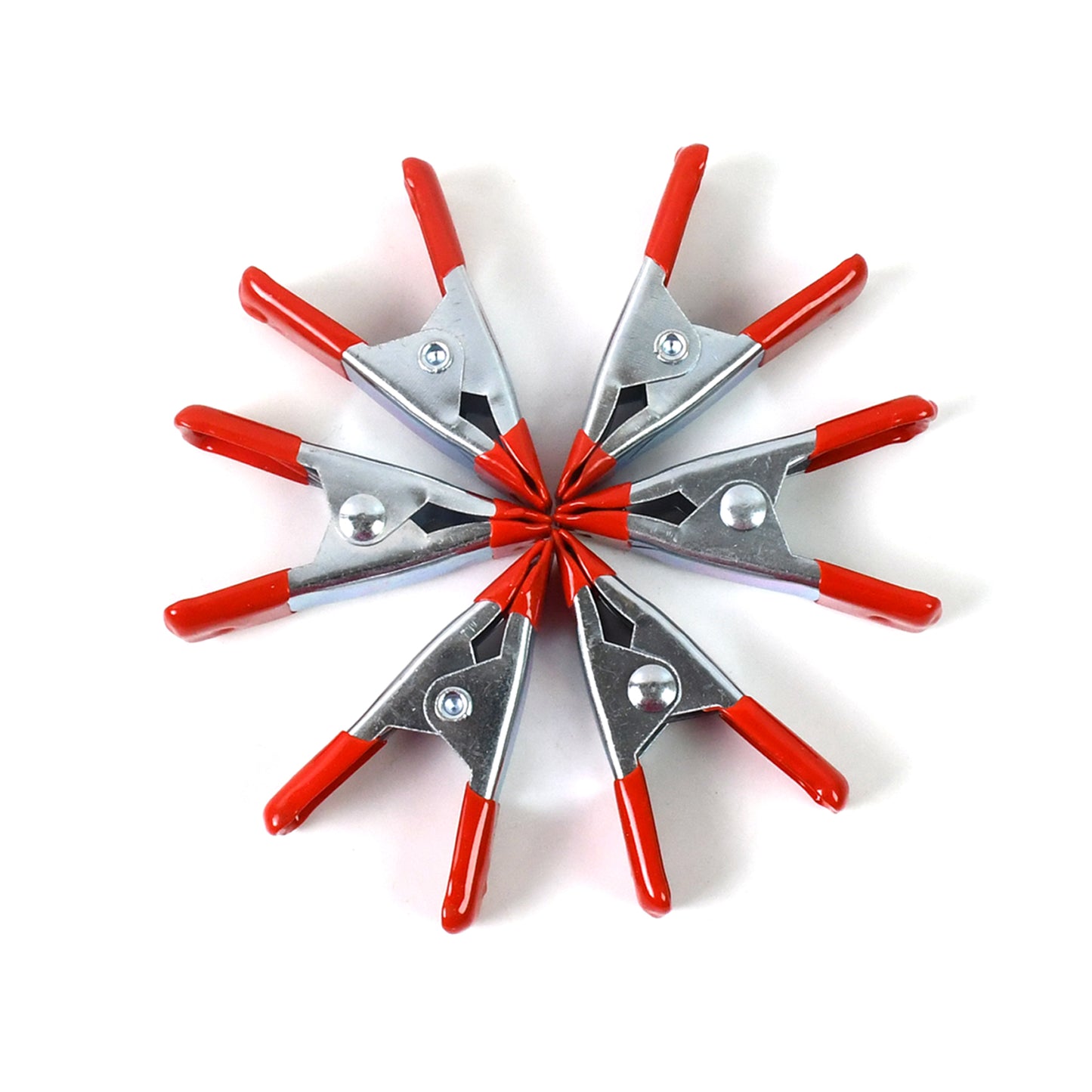 Set of six 2-inch heavy-duty metal spring clamps by Wukusy for home improvement projects, showcasing their sturdy design.
