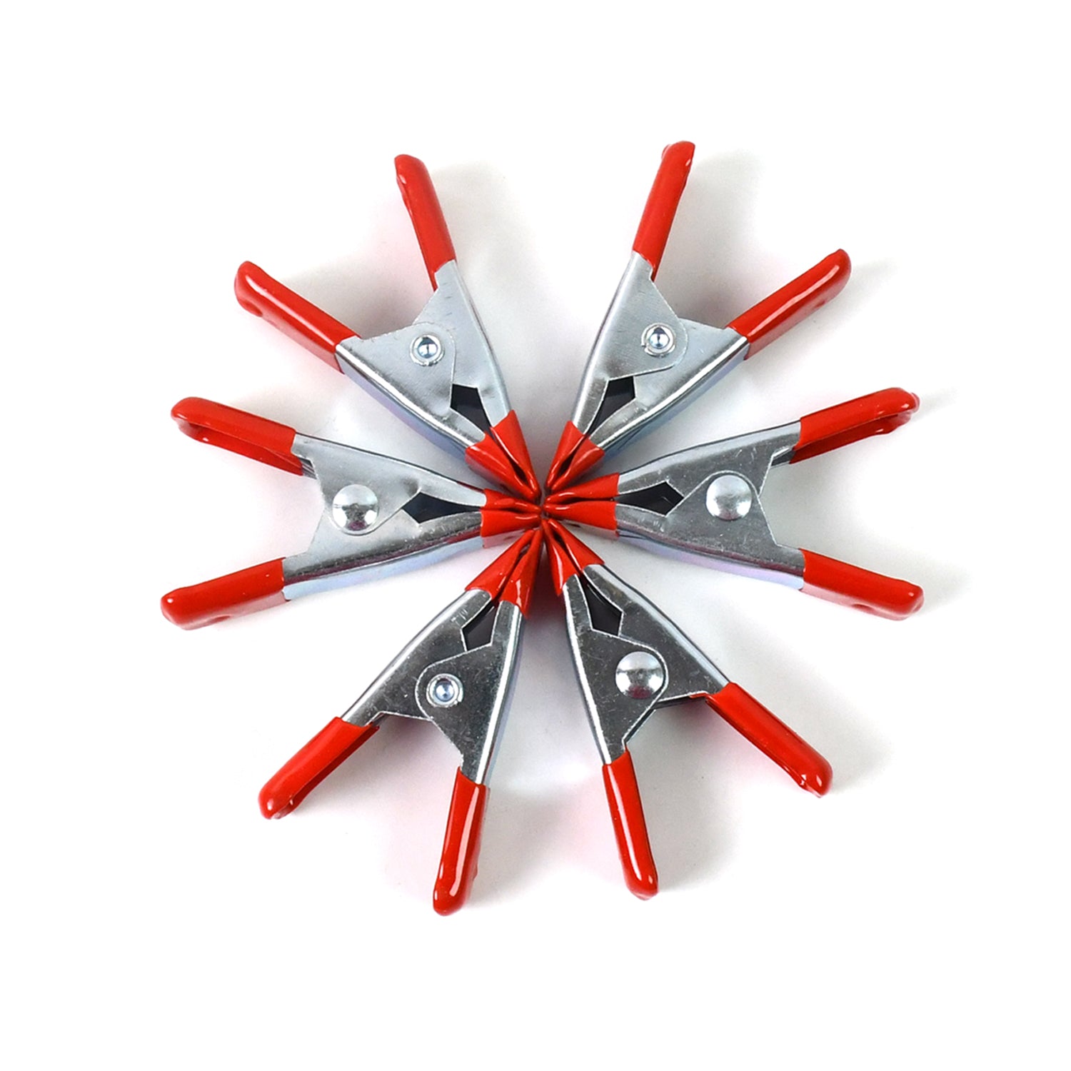 Set of six 2-inch heavy-duty metal spring clamps by Wukusy for home improvement projects, showcasing their sturdy design.