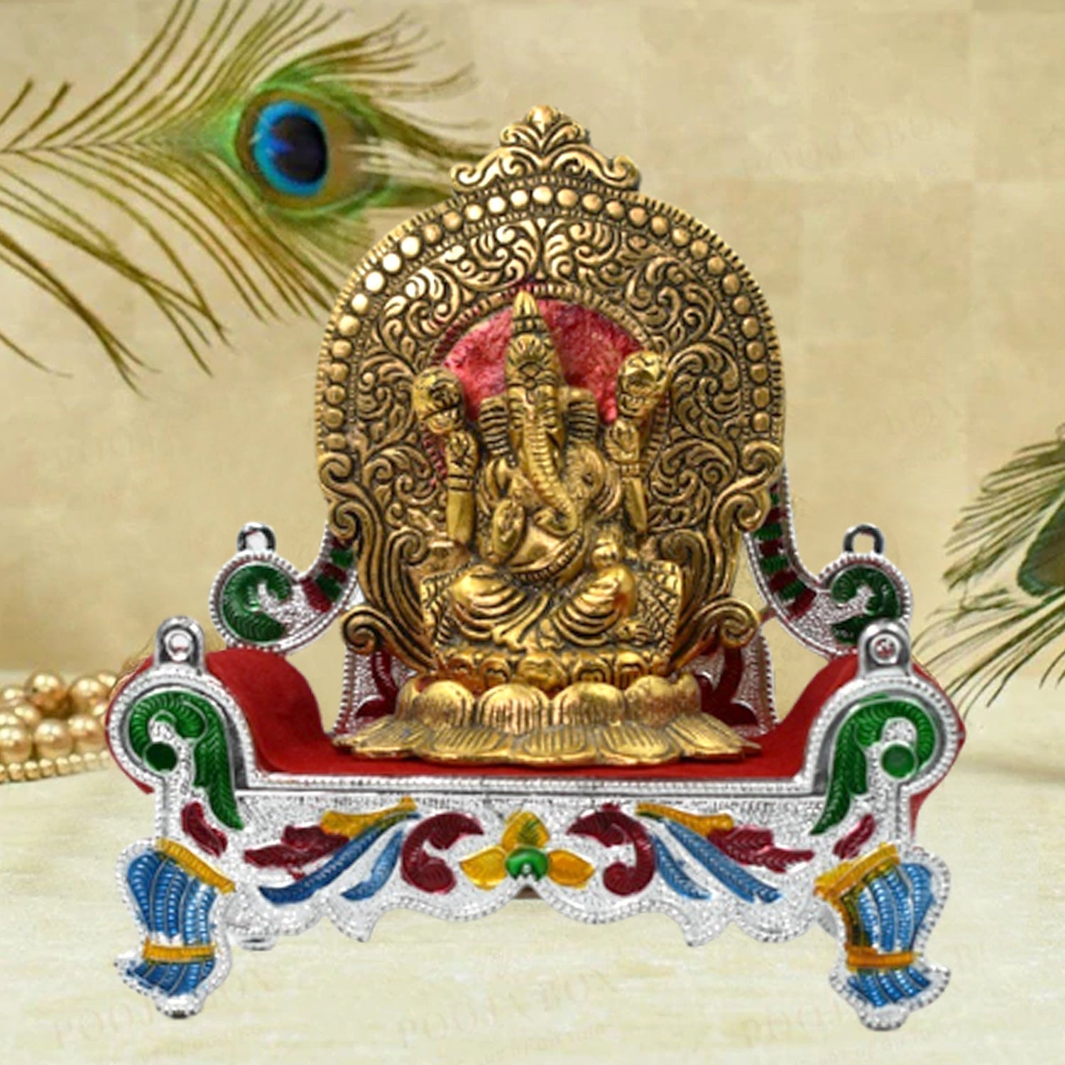 Wukusy Big Singhasan Bal Gopal wooden throne for placing gods sculpture, suitable for household and official use.
