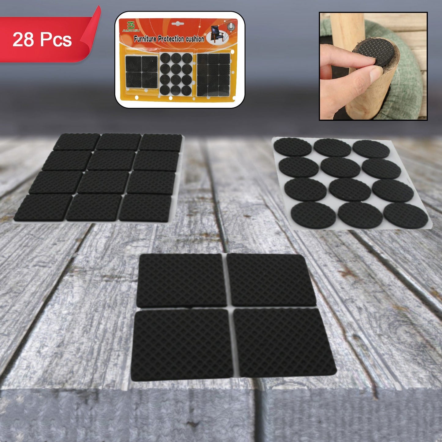 Set of 28 Wukusy rubber furniture pads with self-sticking non-slip design for noise reduction and furniture protection.