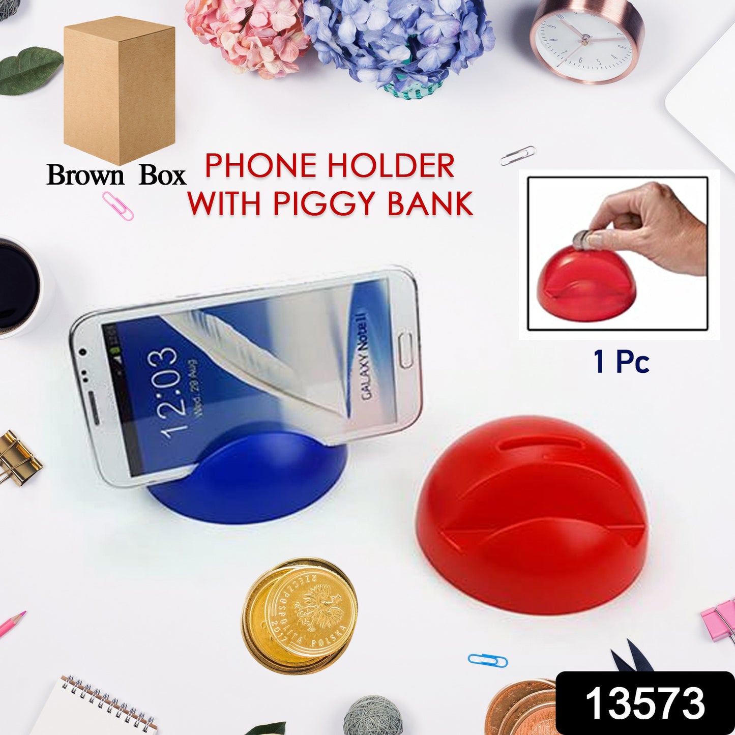 Wukusy 2-in-1 ABS plastic phone holder and stand with integrated coin bank, suitable for home improvement and organization.