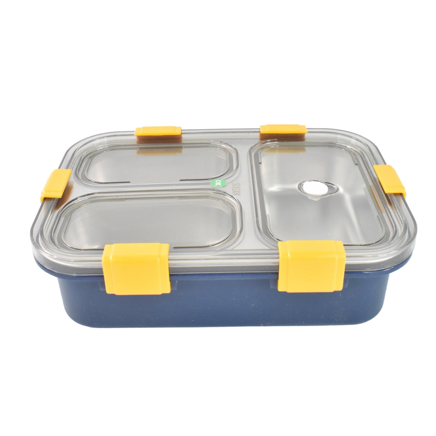 Wukusy 3-compartment transparent stainless steel lunch box for kids, durable and easy to carry for school meals.